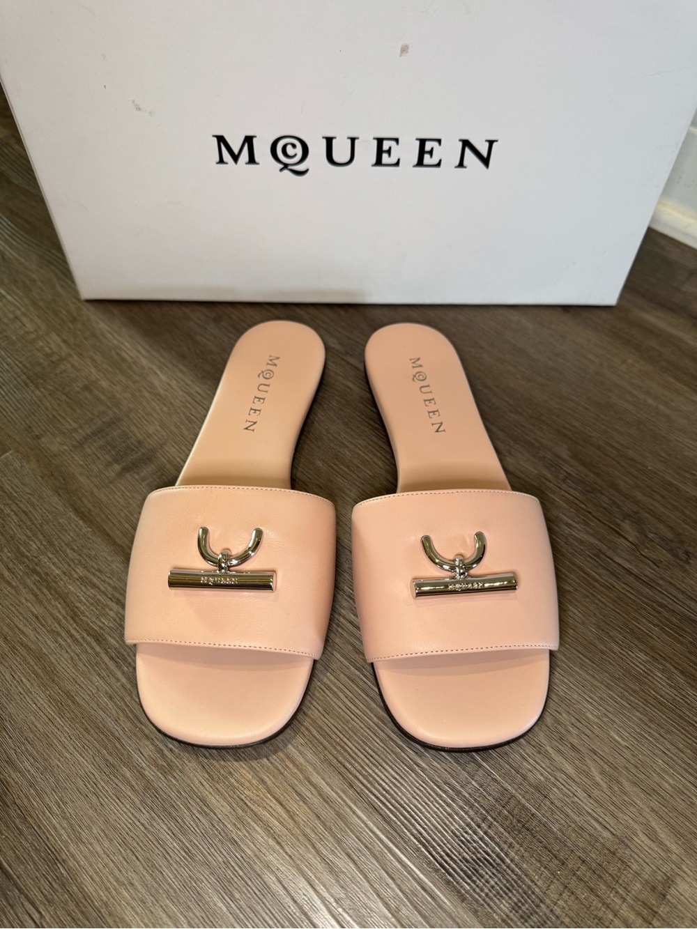 Alexander McQueen T-Bar Slide Leather Sandals in Blush